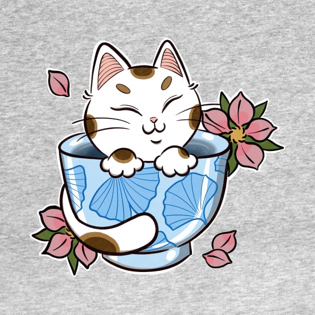 japanese tea cat tattoo by creativeballoon